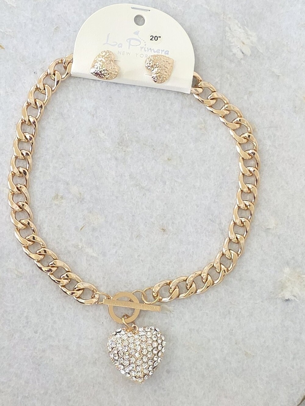 La Primera New York Gold Chunky Chain Necklace Rhinestone Heart Pendant Earrings